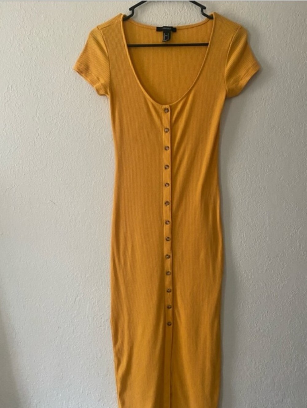 Forever 21 Marigold Yellow Button-Front Ribbed Maxi Dress, Size M